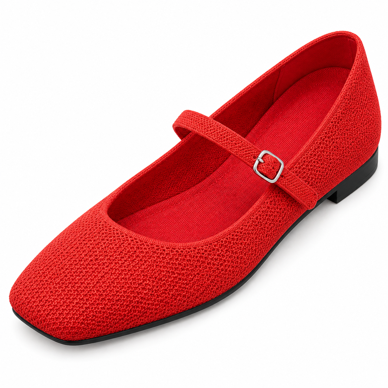 Square-Toe Knit Mary Jane Flats