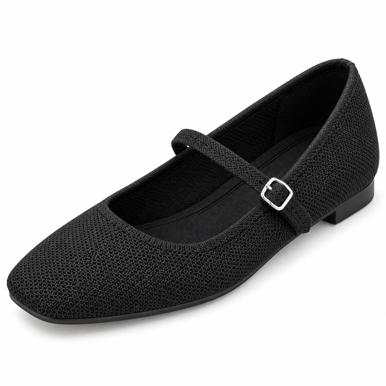 Square-Toe Knit Mary Jane Flats