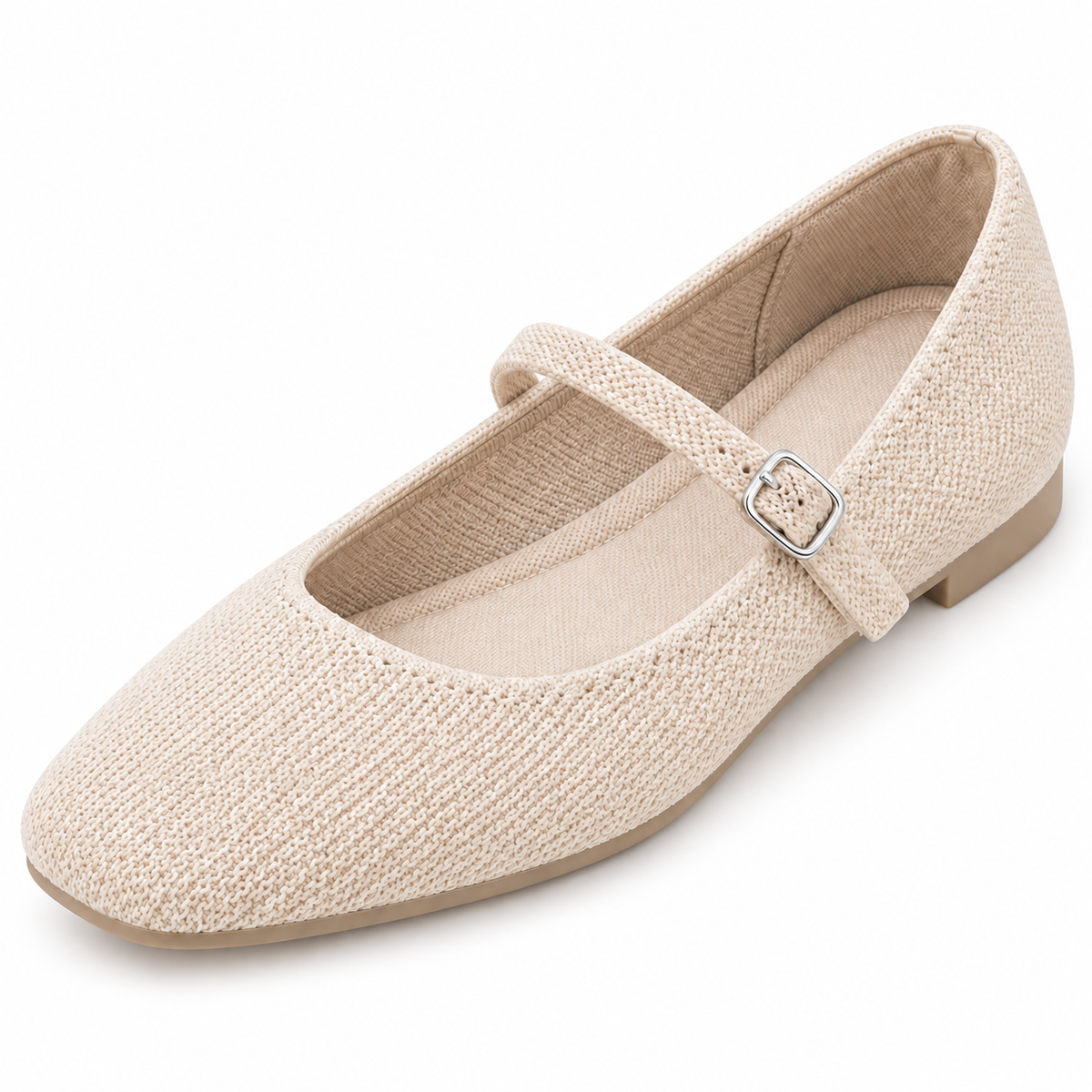 Square-Toe Knit Mary Jane Flats