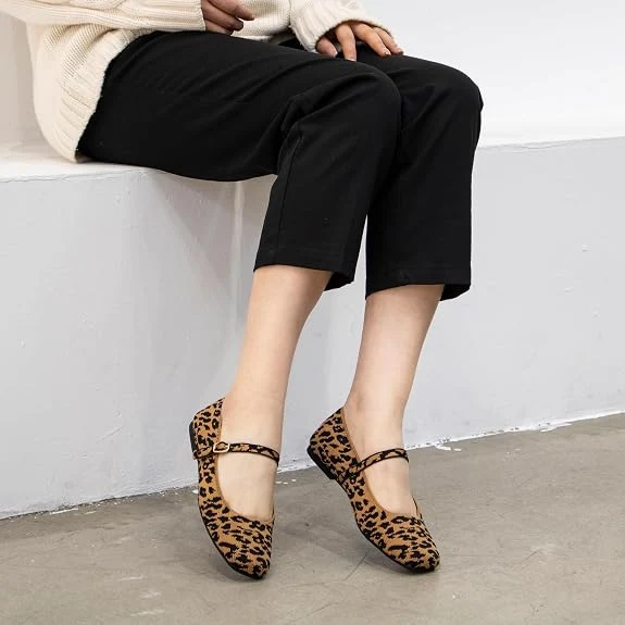 Square-Toe Knit Mary Jane Flats